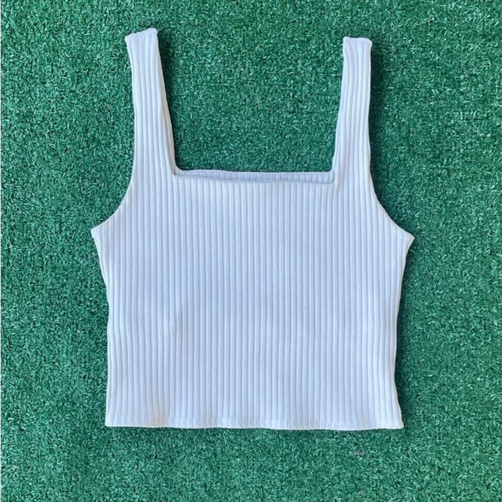 Mango White Rib-Knit Square-Neck Crop Tank